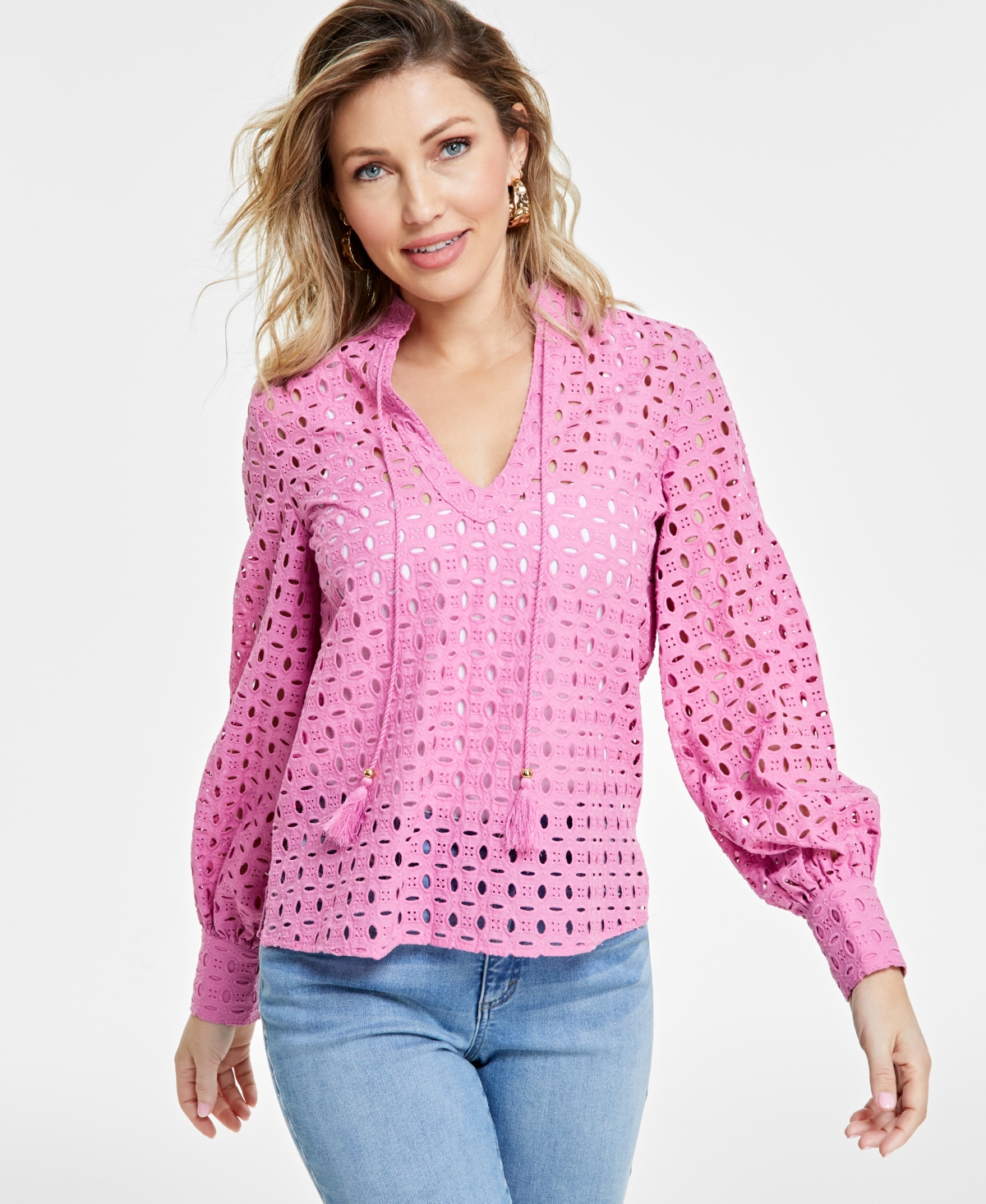 Inc International Concepts Women's Cotton Tie-neck Eyelet Blouse, Created For Macy's In Pink Azalea