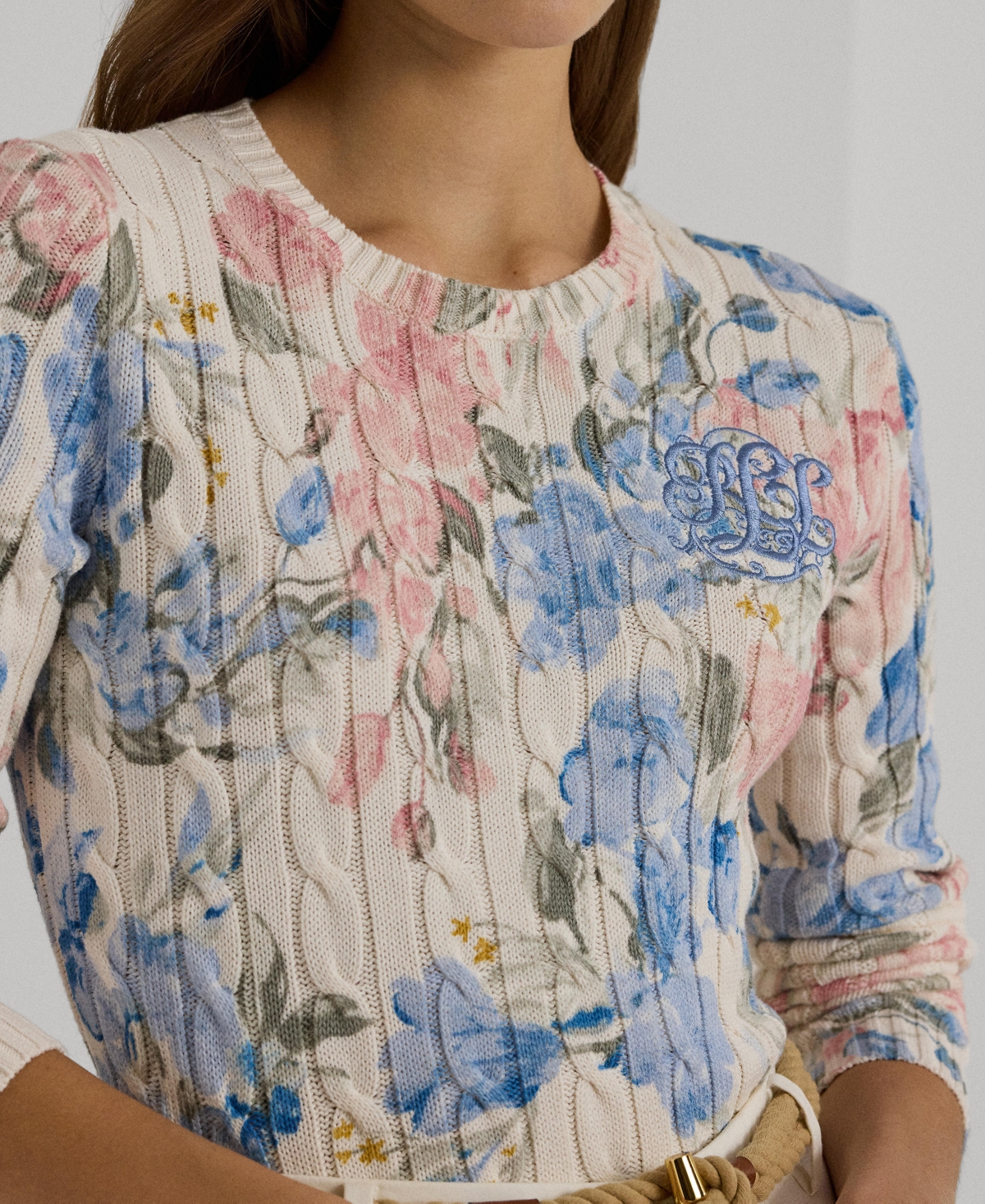 Shop Lauren Ralph Lauren Women's Floral Cable-knit Sweater, Regular & Petite In Cream Multi