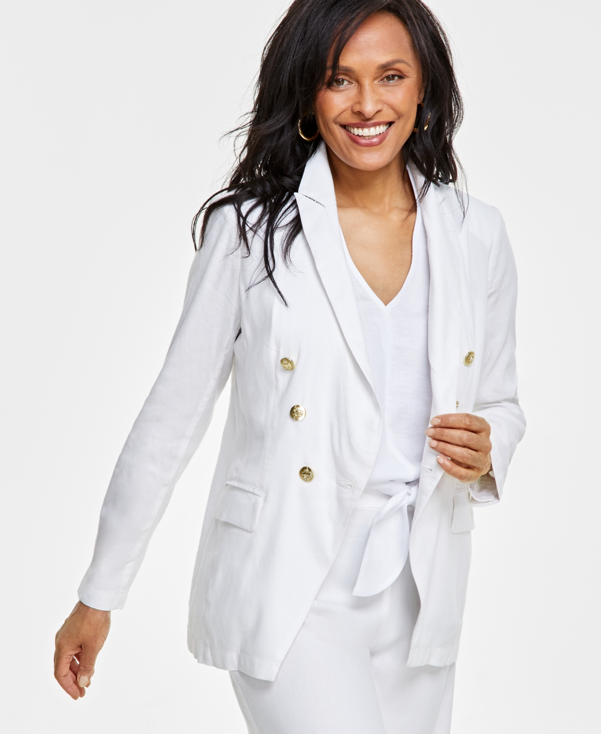 Petite Linen-Blend Double-Breasted Blazer, Created for Macy's - Bright White