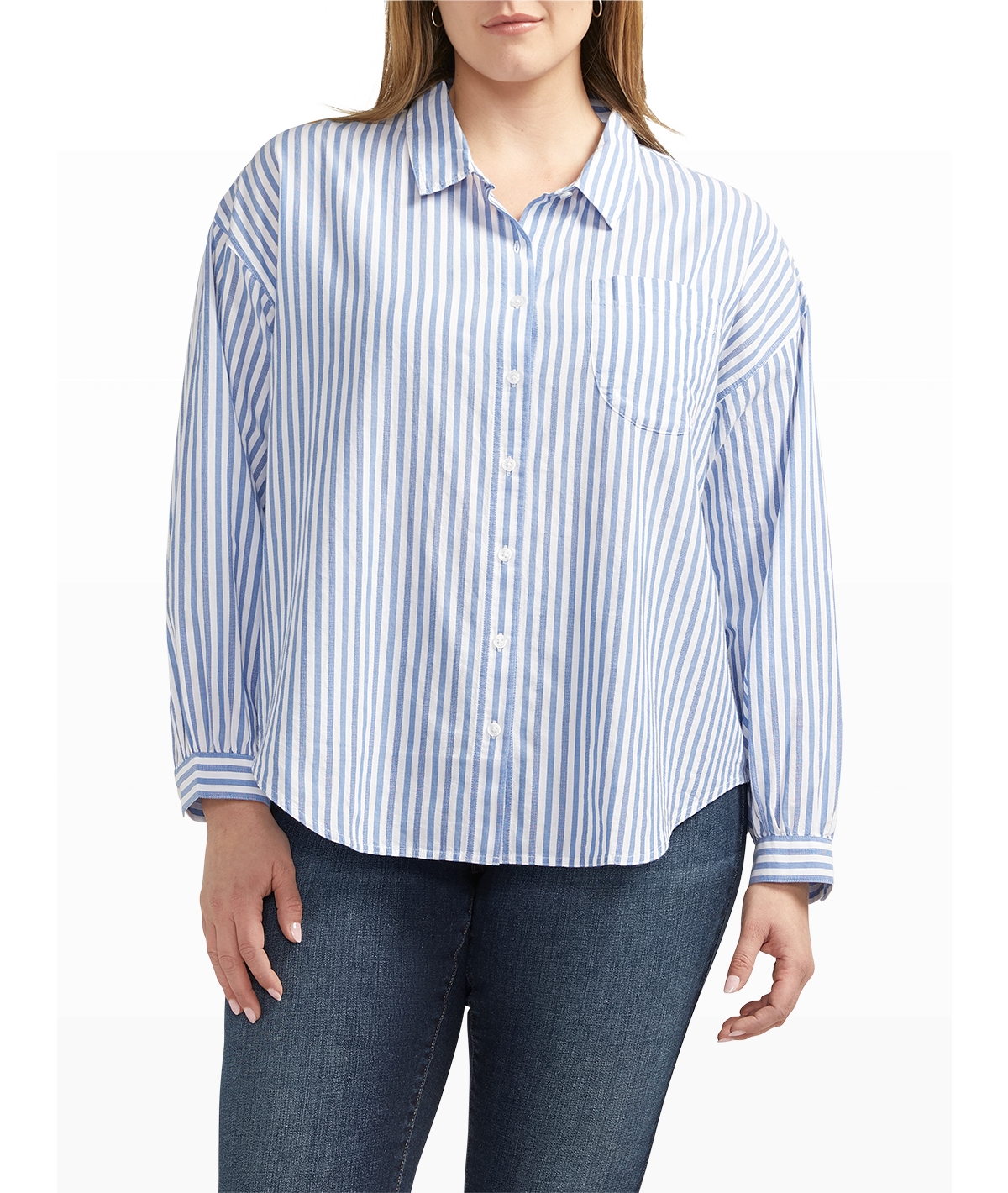 Plus Size Relaxed Button-Down Shirt - Blue Stripe