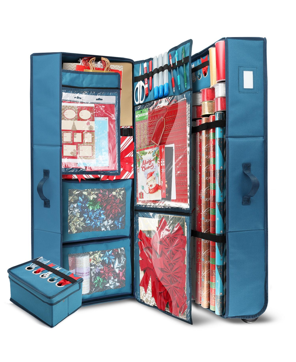 Premium Holiday Gift Wrapping Paper & Accessories Storage Organizer Box - X-Large with Wheels & 2 removable Storage Bins - Blue