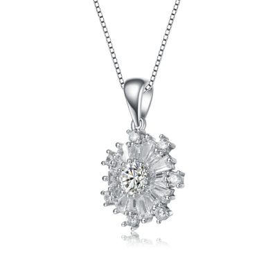 White Gold Plated with Cubic Zirconia Flower Snowflake Pendant Necklace
