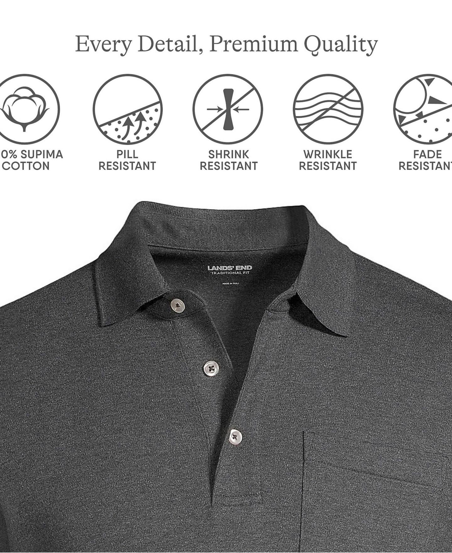 Мужское поло Lands' End Short Sleeve Cotton Supima Polo Shirt with Pocket, цвет: Тёмный угольный меланжевый — фото 3