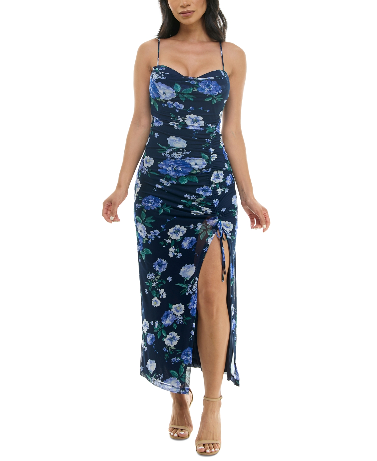 Women's Mesh Floral Cowlneck Split Midi Dress - Navy Blue