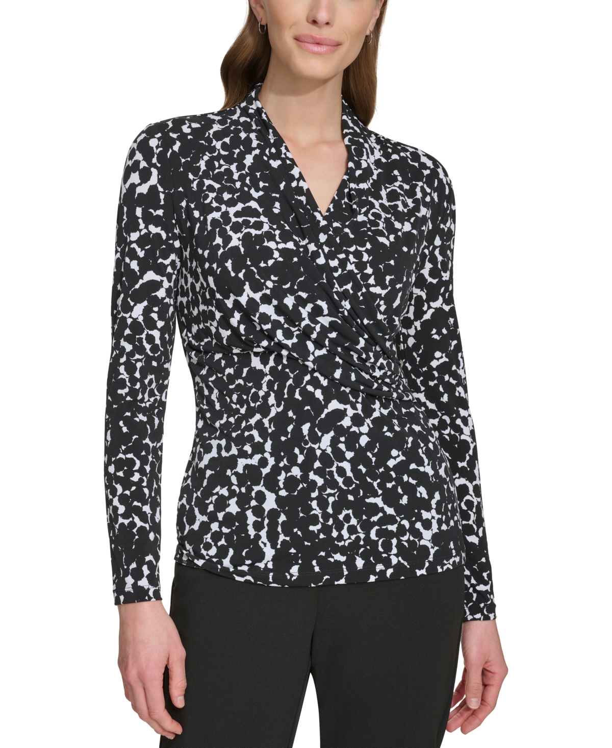 Dkny Women's Prints Side-ruched Long-sleeve Top In Blk,ivy