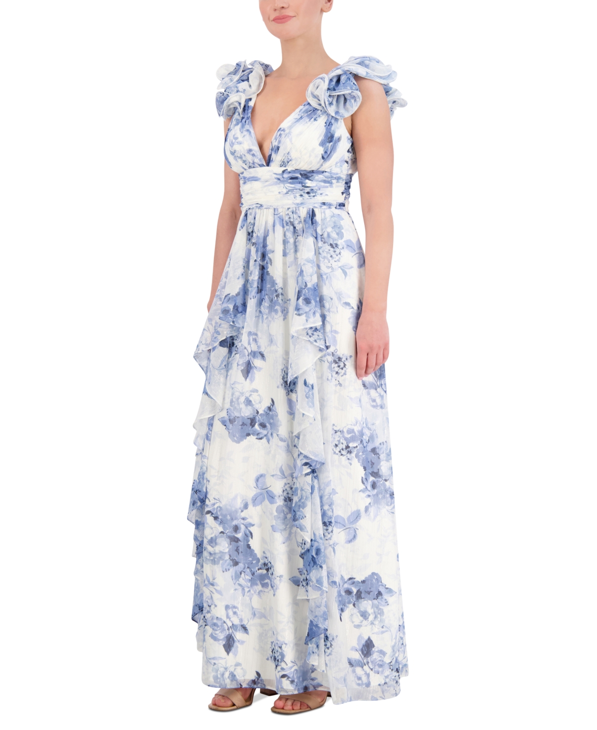 Shop Eliza J Women's Sleeveless Printed Ruffle Gown In Blue White