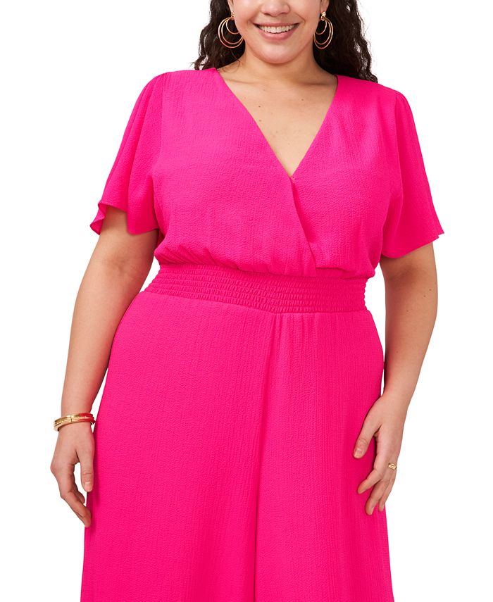 Women's Textured Pink Tie-Up Shoulder Top with Smocked Waistline Jumpsuit