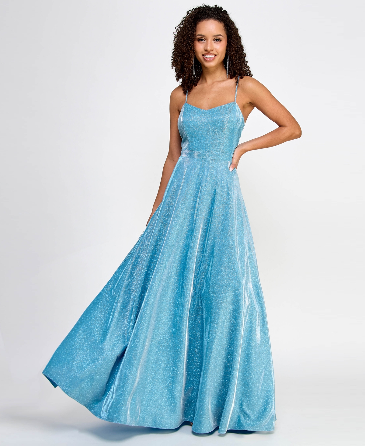 City Studios Juniors' Mesh-back Glitter Ball Gown, Created For Macy's In Cyan Blue