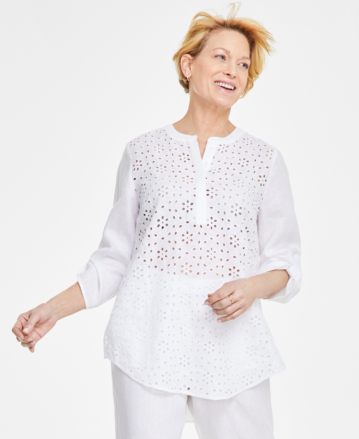 Shop Charter Club Women's 100% Linen Woven Popover Tunic Top, Created For Macy's In Bright White