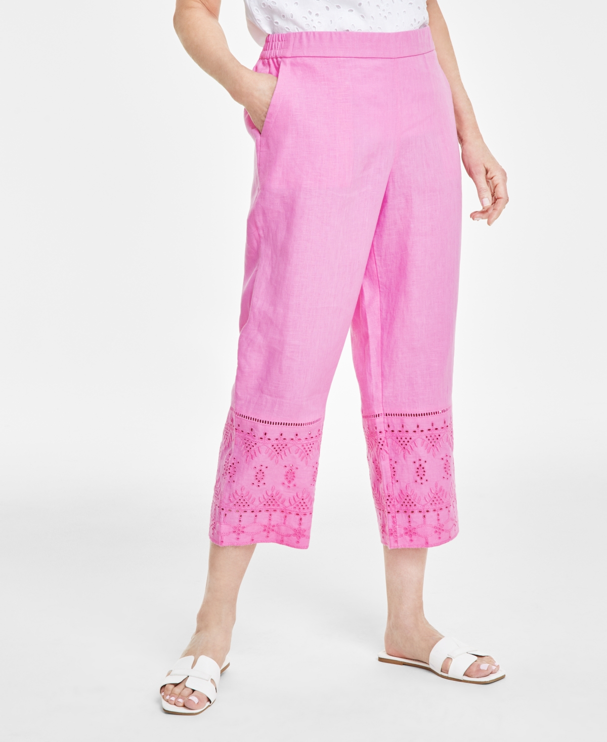 Women's 100% Linen Eyelet-Trim Pull-On Pants, Created for Macy's - Bubble Bath