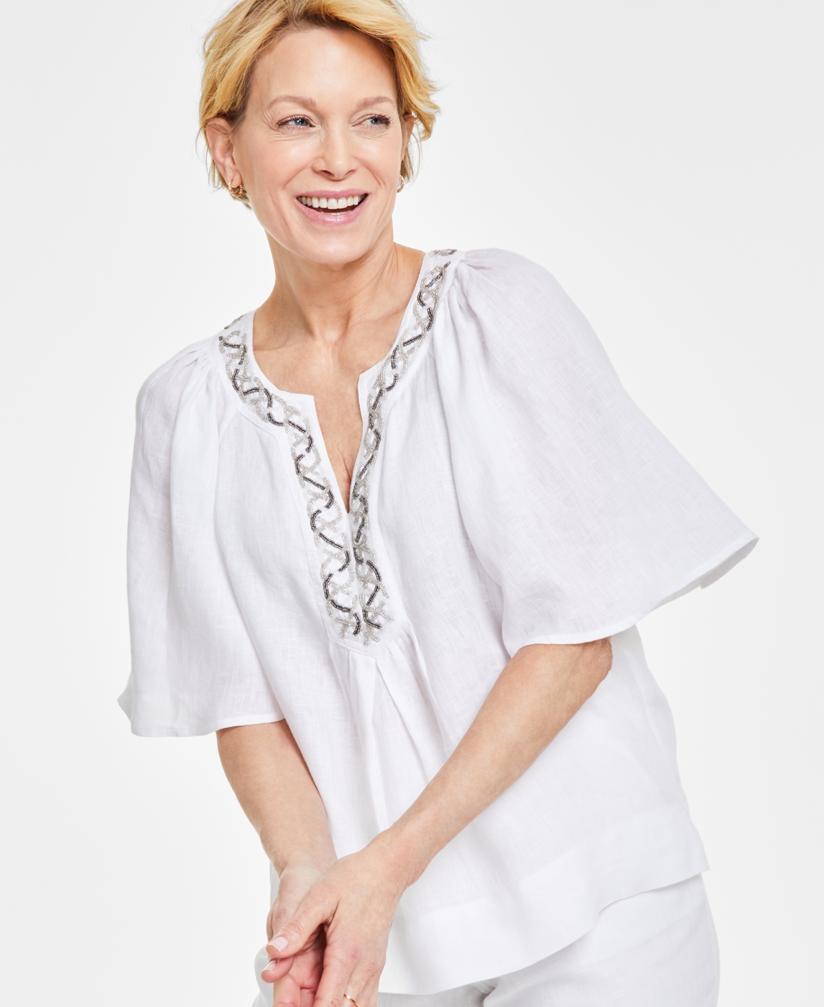 Shop Charter Club Women's 100% Linen Embellished Flutter-sleeve Top, Created For Macy's In Bright White