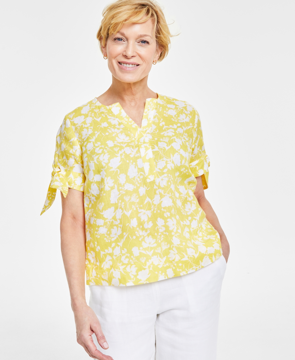 Shop Charter Club Women's 100% Linen Printed Tie-sleeve Top, Created For Macy's In Primrose Yellow