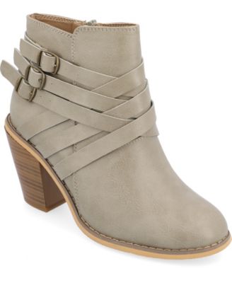 Women's Strap Round Toe Stacked Heel Dress Booties