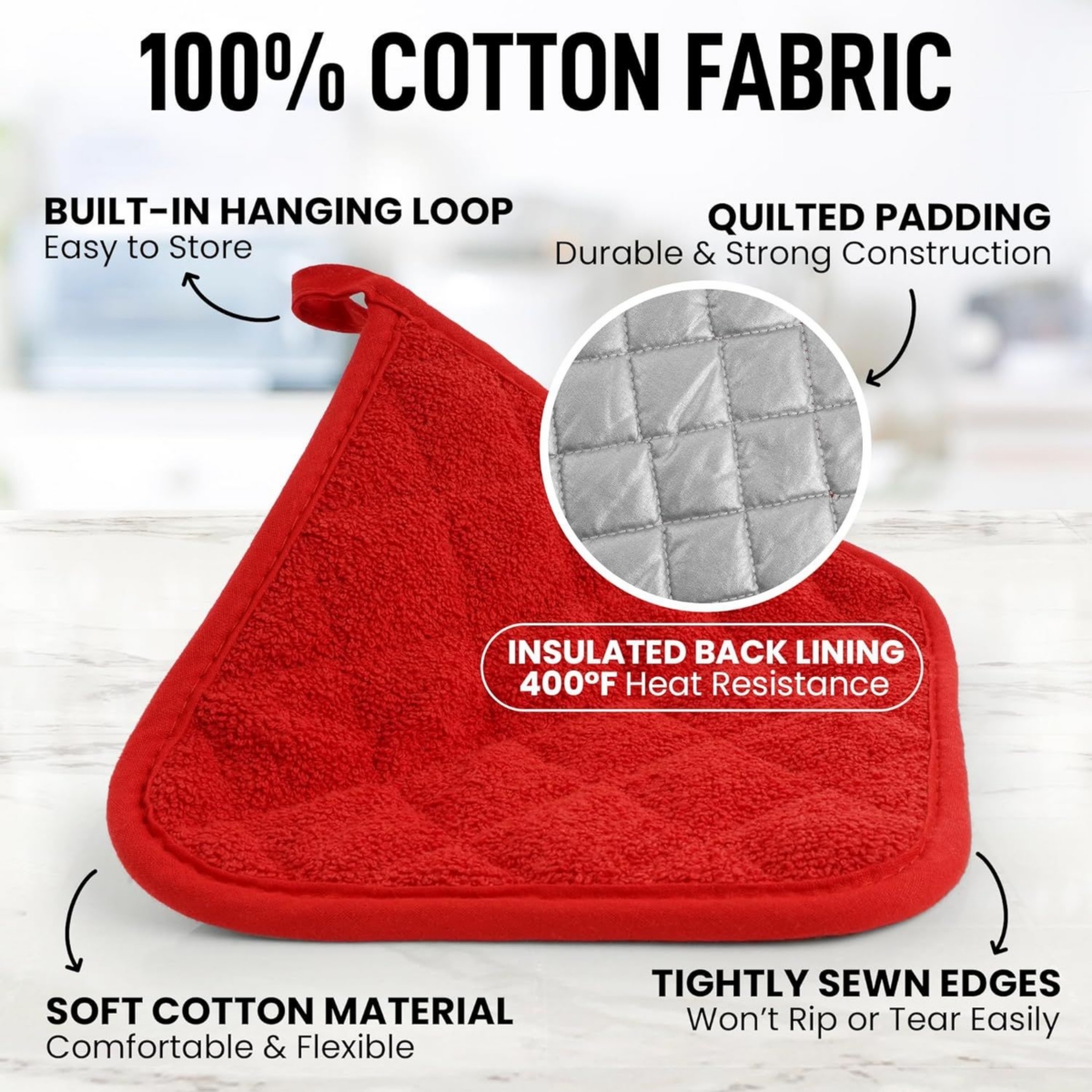 Washable Quilted Terry Cloth Potholder for Cooking and Baking (6 Pack)