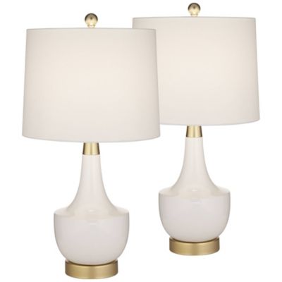 Nesbit 25" High Mid Century Modern Table Lamps Set of 2 USB Port White Gold Ceramic Metal Living Room Charging