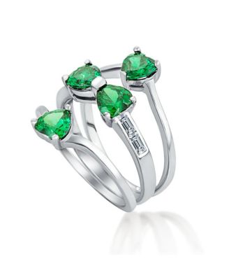 St Patrick Shamrock Irish Green CZ Flower Lucky Four Leaf Clover Inset Ring Set Sterling Silver Cubic Zirconia