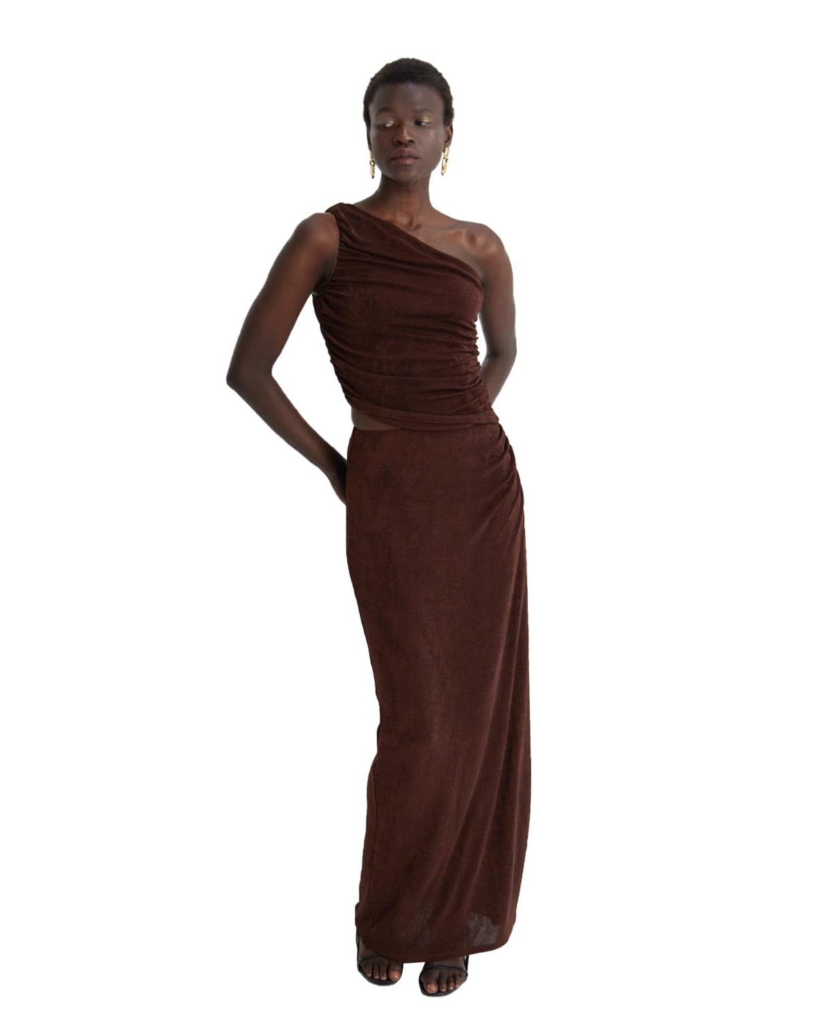Women's Kaia One Shoulder Ruched Top & Skirt Set - Brown