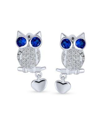 Wise Graduate Lucky Sitting Branch Owl Stud Earrings Big Blue Eye Cubic Zirconia CZ Heart Charm Sterling Silver