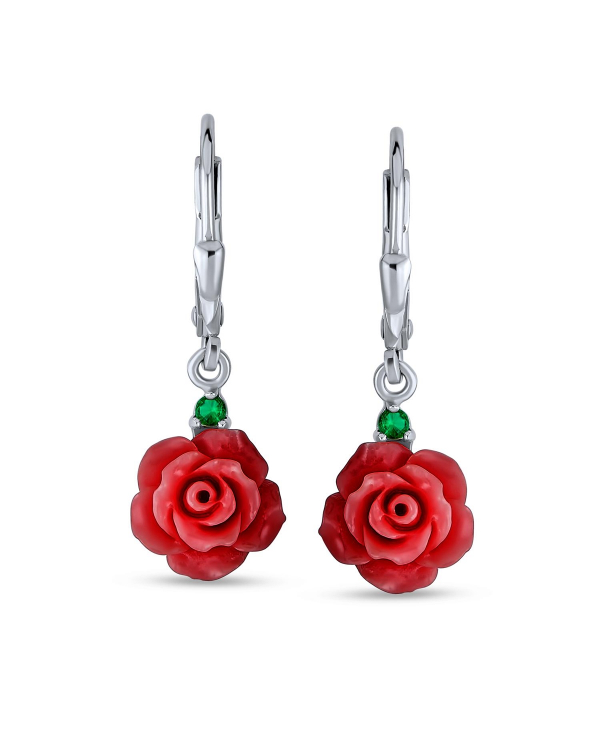 Bling Jewelry Delicate Floral Blooming 3DRose Flower Green Cz Accent Lever back Dangle Earrings For Women Sterling Silver - Red