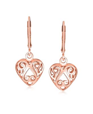 Open Filigree Heart Dangle Earrings Rose Gold Plated Sterling Silver Leverback