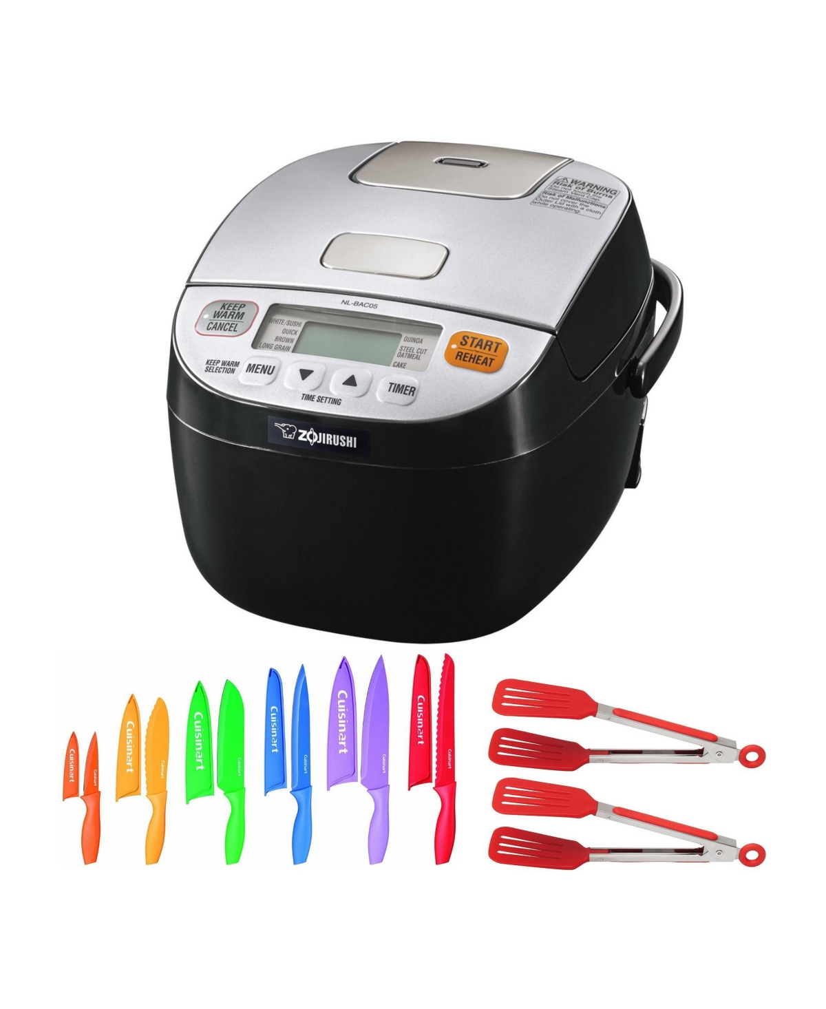 Micom Rice Cooker and Warmer with Color Chef Knife Set and Nylon Tongs - Black