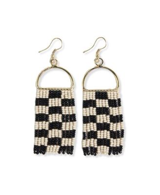 Allison Beaded Fringe Earrings - Black and White Checkered 36$