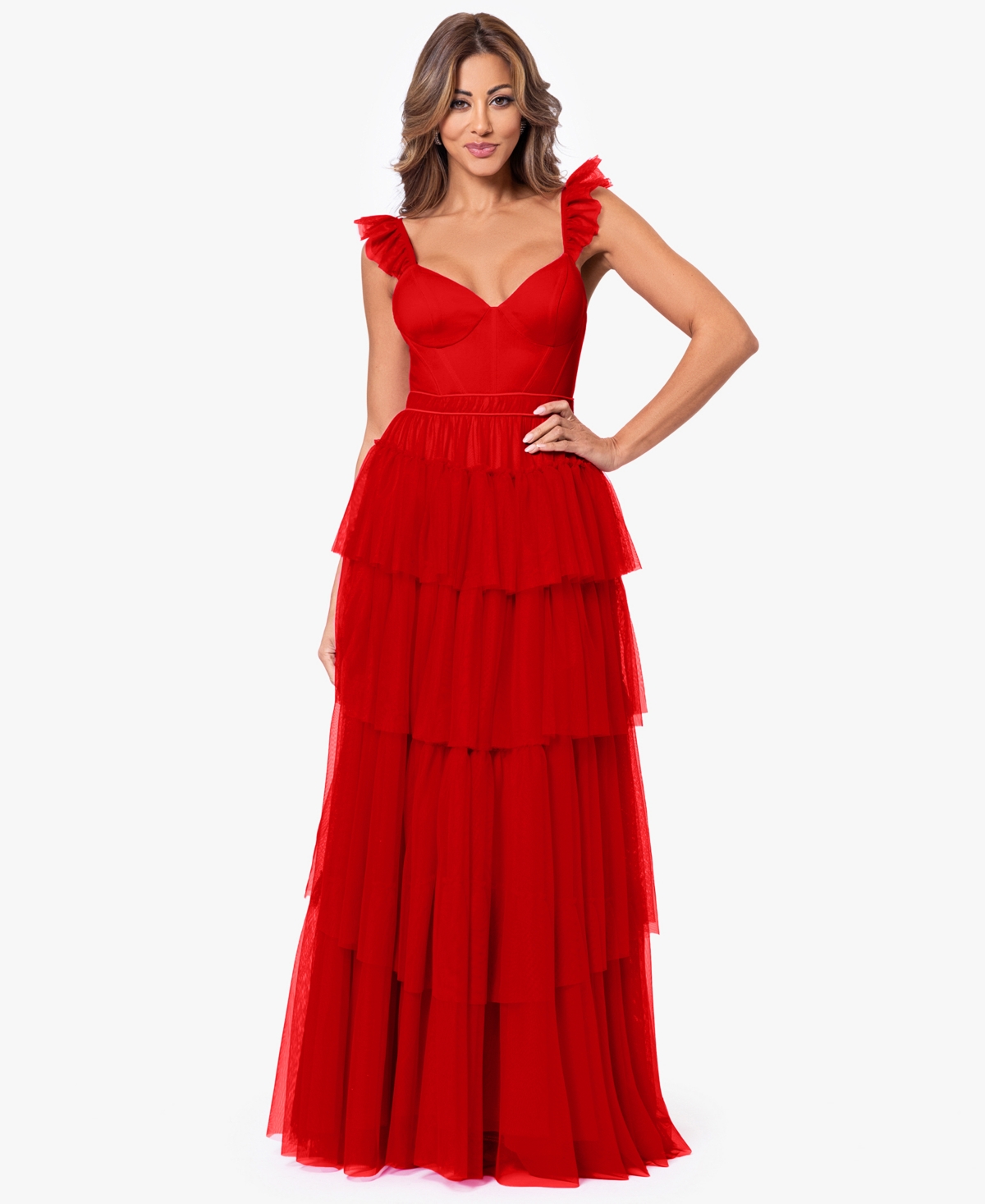 Juniors' Sleeveless Tiered Mesh Gown - Red
