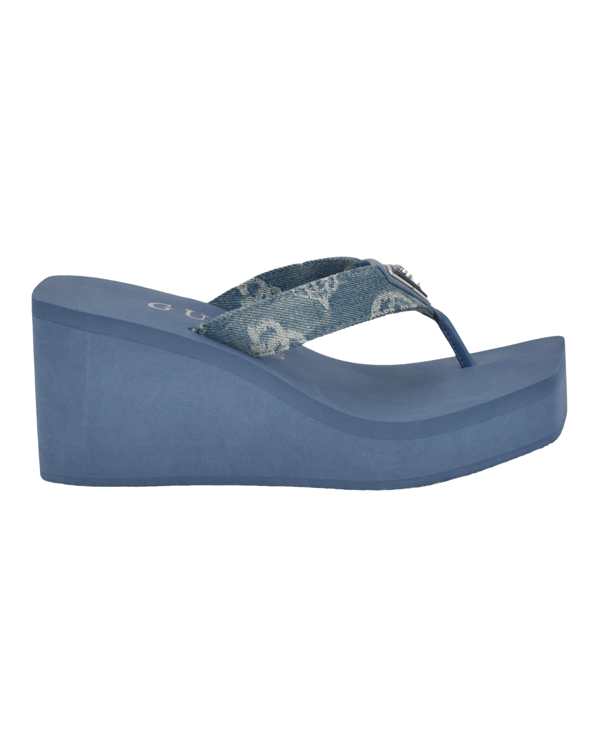 Guess Women's Demmey Logo Thong Square Toe Wedge Sandals - Dark Blue Denim - Textile, Manmade