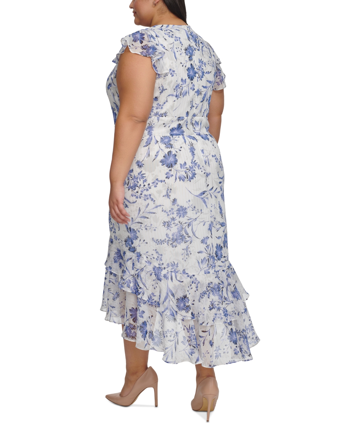 Shop Tommy Hilfiger Plus Size Floral-print Flutter-sleeve Midi Dress In Ivory Multi