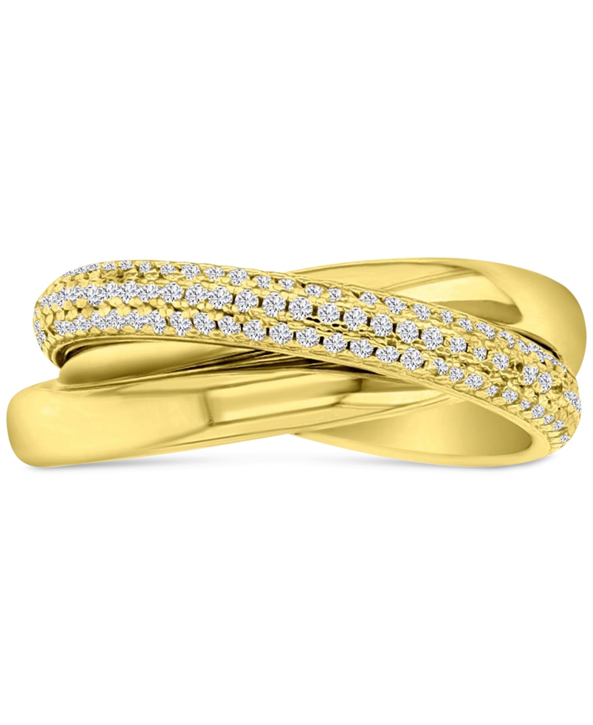 Cubic Zirconia Triple Row Pave & Polished Rolling Crossover Ring - Gold