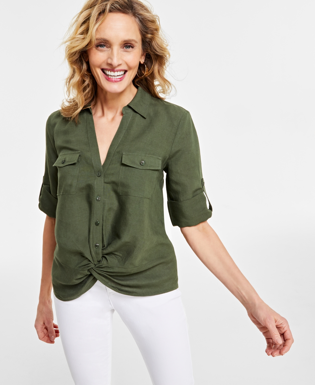 Inc International Concepts Women's Linen Twist-hem Blouse, Created For Macy's In Costa Green