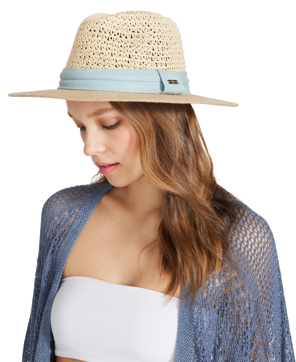 Steve Madden Women's Denim-trim Crochet Panama Hat In Light Denim