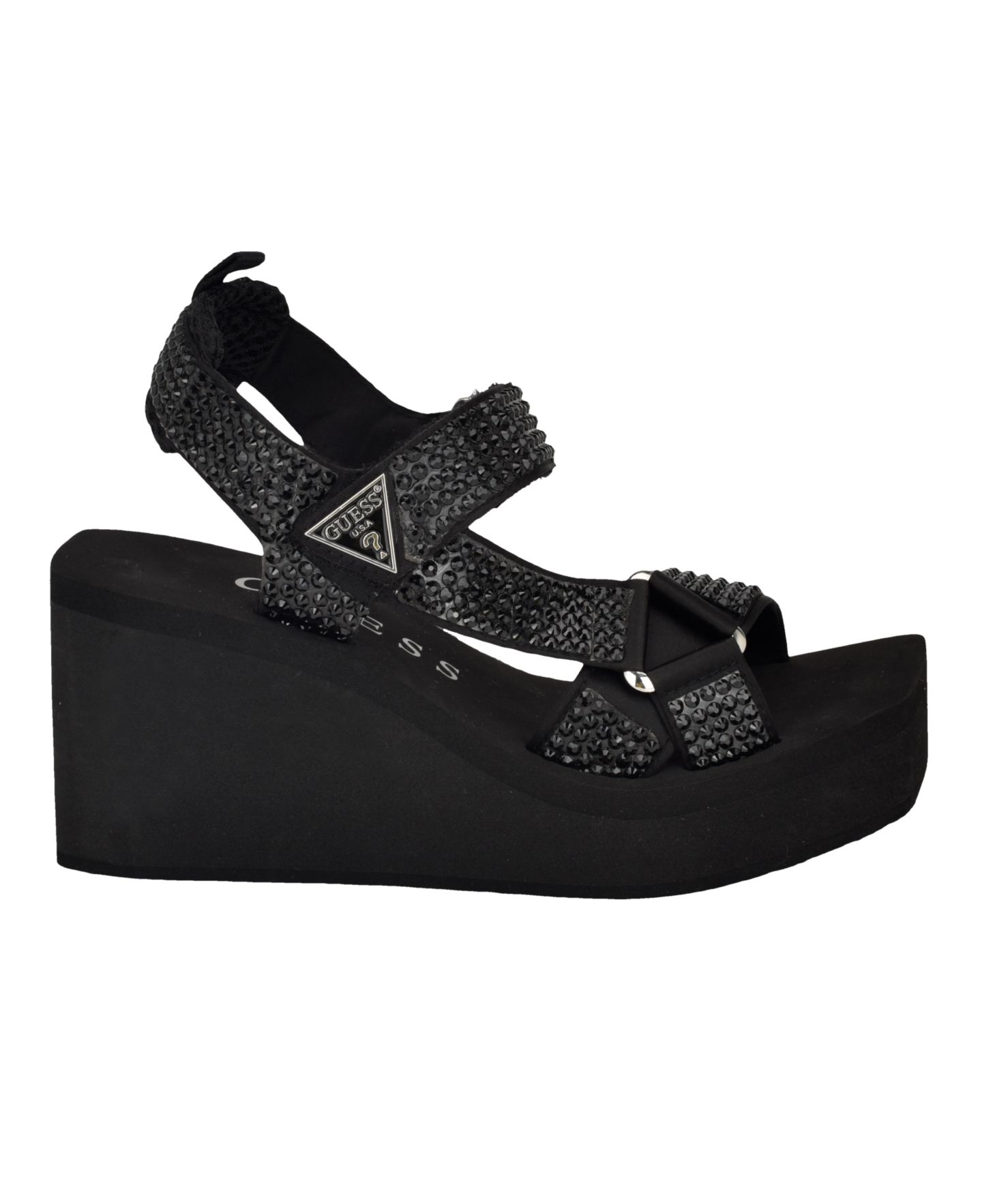 Женские сандалии GUESS Dawsin Rhinestone Eva Strappy Wedge, цвет: Чёрный — фото 2
