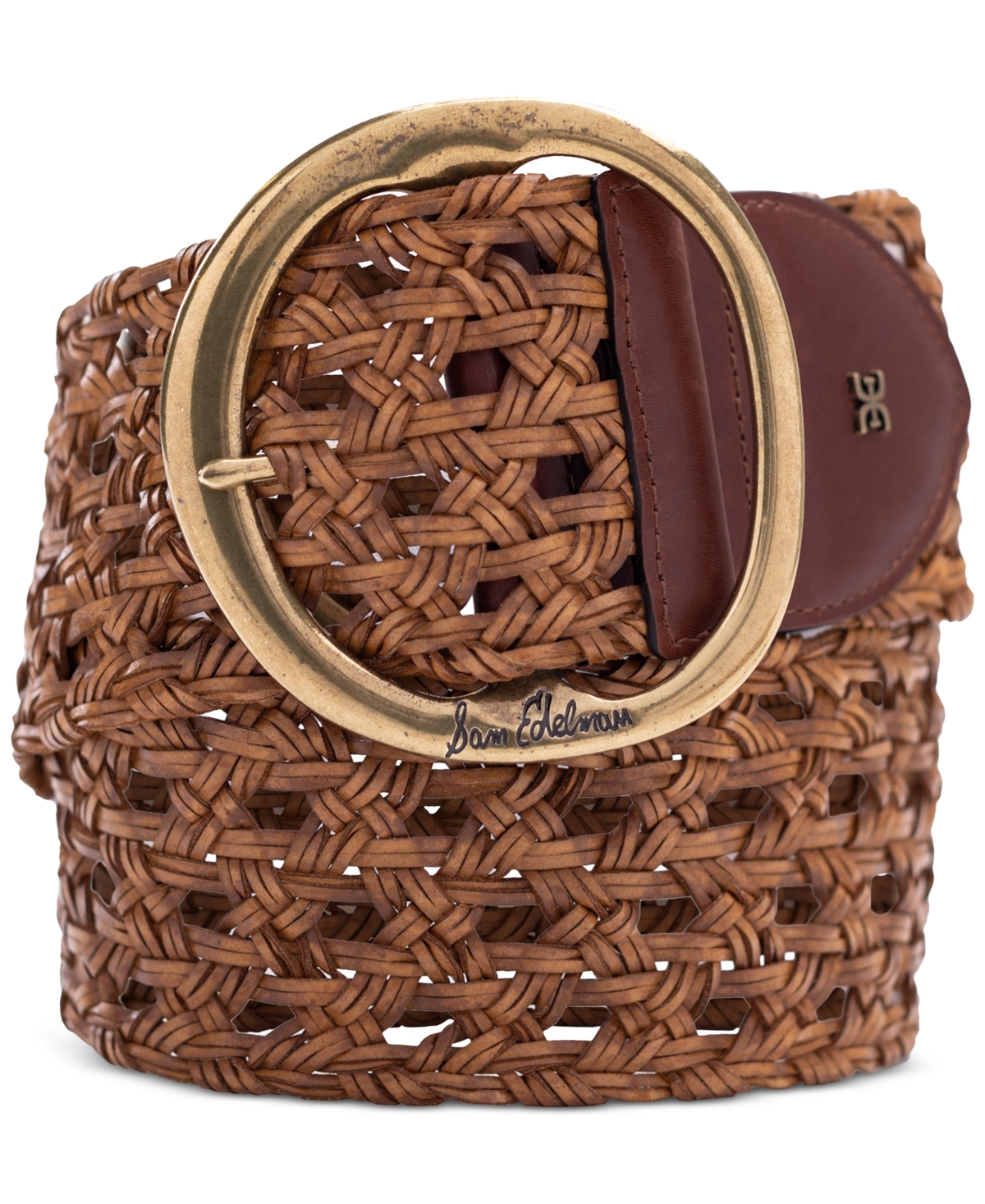Shop Sam Edelman Women's Woven Leather Belt With Circular Center Bar Buckle In Brown