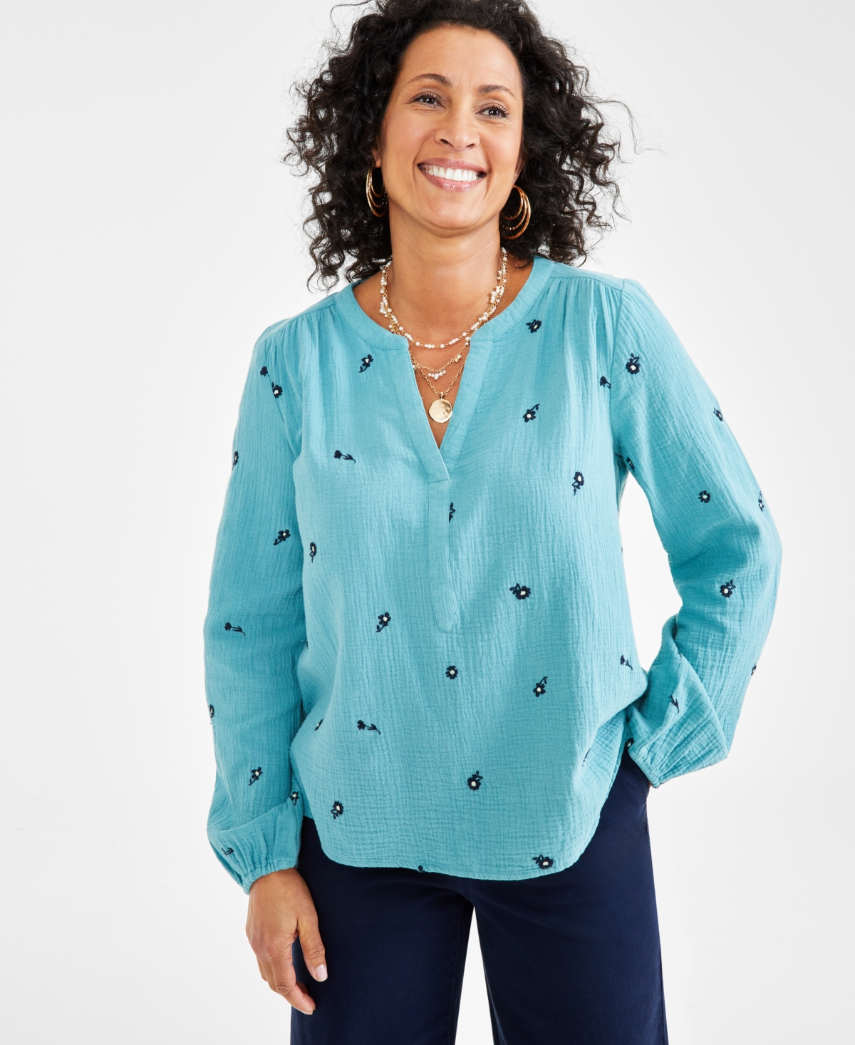 Women's Cotton Embroidered Split-Neck Gauze Blouse, Created for Macy's - Floral Teal