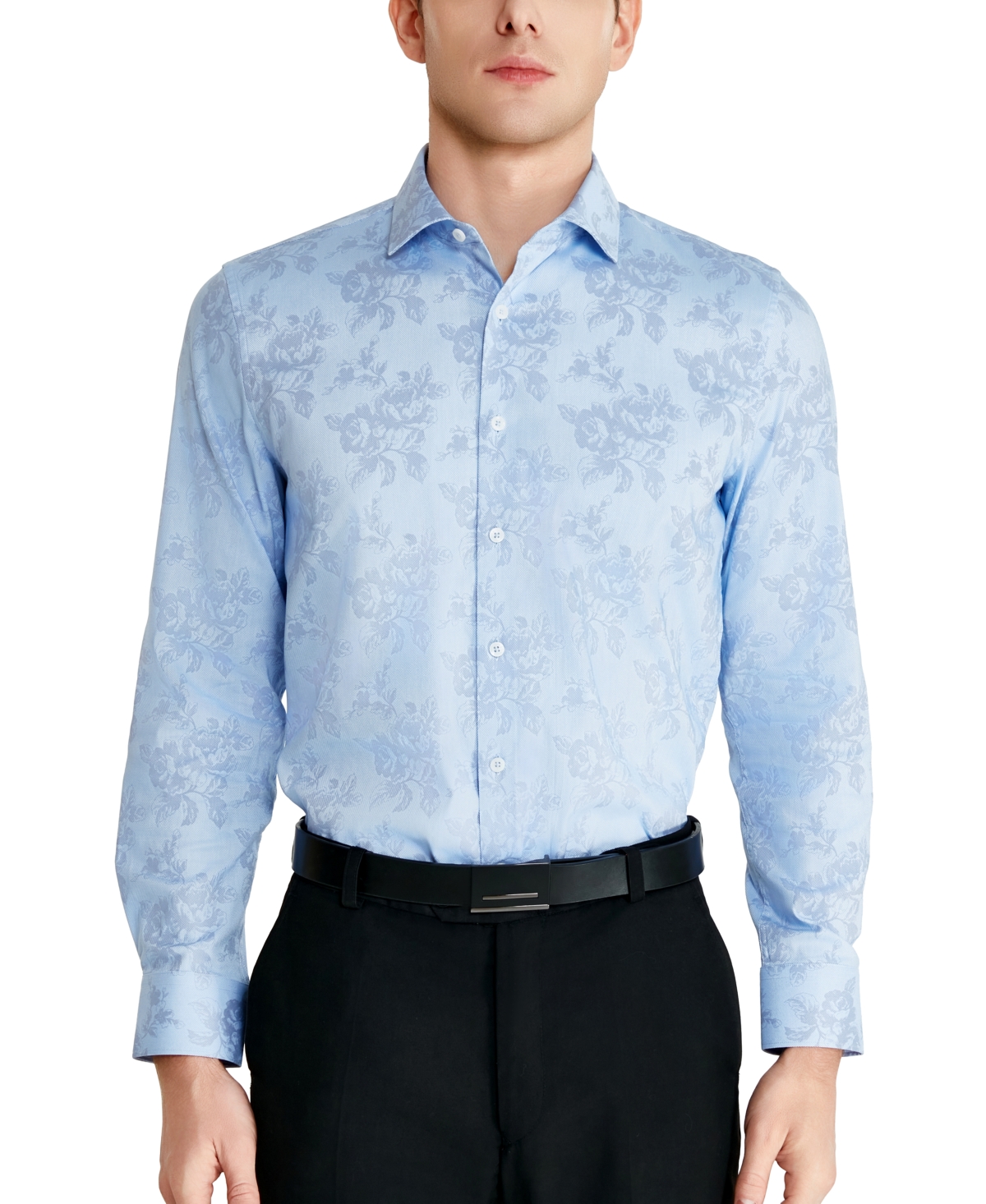Shop Tallia Men's Slim-fit Floral Stencil Oxford Dress Shirt In Blue