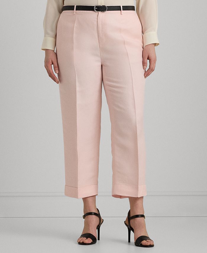 Lauren Ralph Lauren Plus Size Pleated Linen-Blend Twill Cropped Wide-Leg Pants, Womens, 22W, Pink Opal