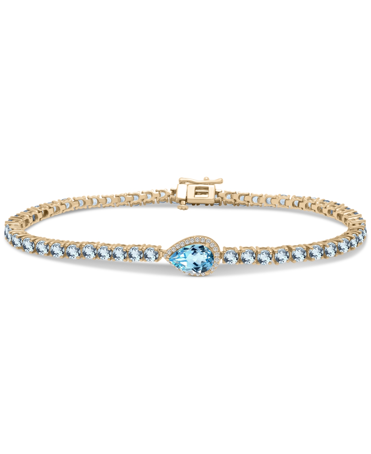 Shop Macy's Blue Topaz (8-3/8 Ct. T.w.) & Diamond (1/10 Ct. T.w.) Halo Tennis Bracelet In 14k Gold-plated Sterli