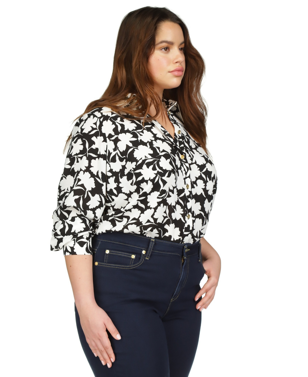 Shop Michael Kors Michael  Plus Size Long-sleeve Floral Shirt In Black,white