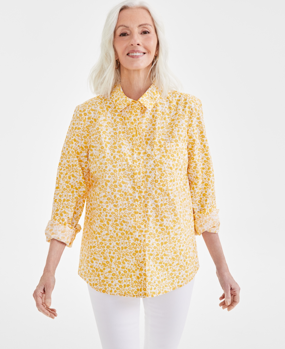 Style & Co Women's Cotton Poplin Printed Button Shirt, Created For Macy's In Garden Yellow