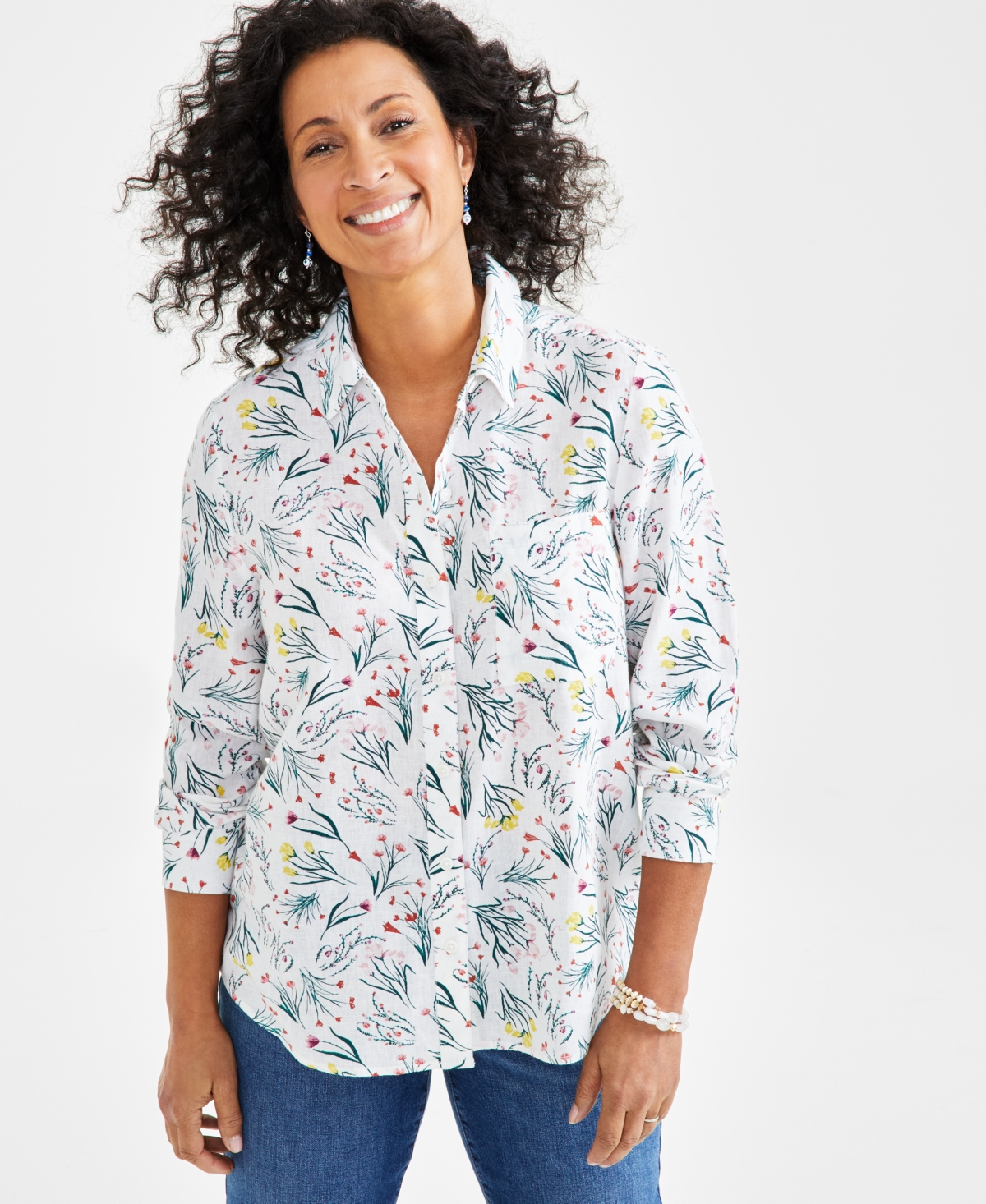 Style & Co Women's Printed Button-down Shirt, Created For Macy's In Floral White