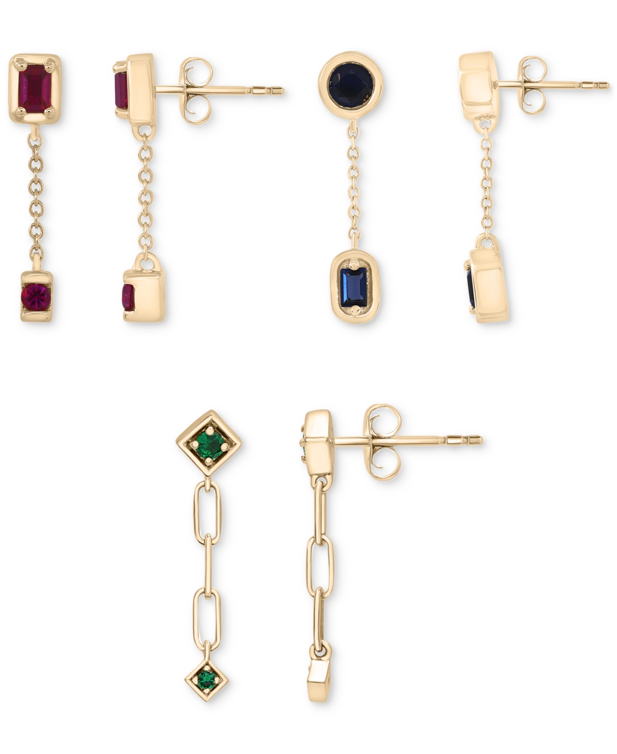 Macy's 3-pc. Set Lab-grown Multi-gemstone Linear Chain Drop Earrings (1-1/5 Ct. T.w.) In 14k Gold-plated St