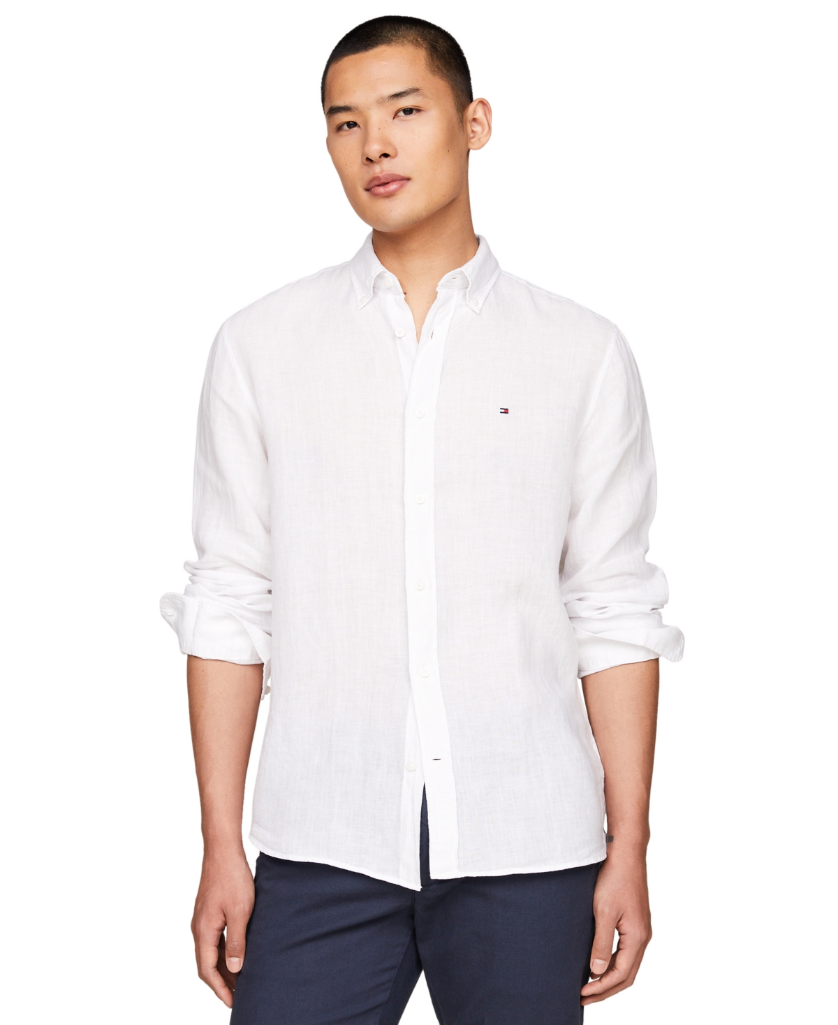 Shop Tommy Hilfiger Men's Pigment-dyed Button-down Long Sleeve Shirt In Optic White