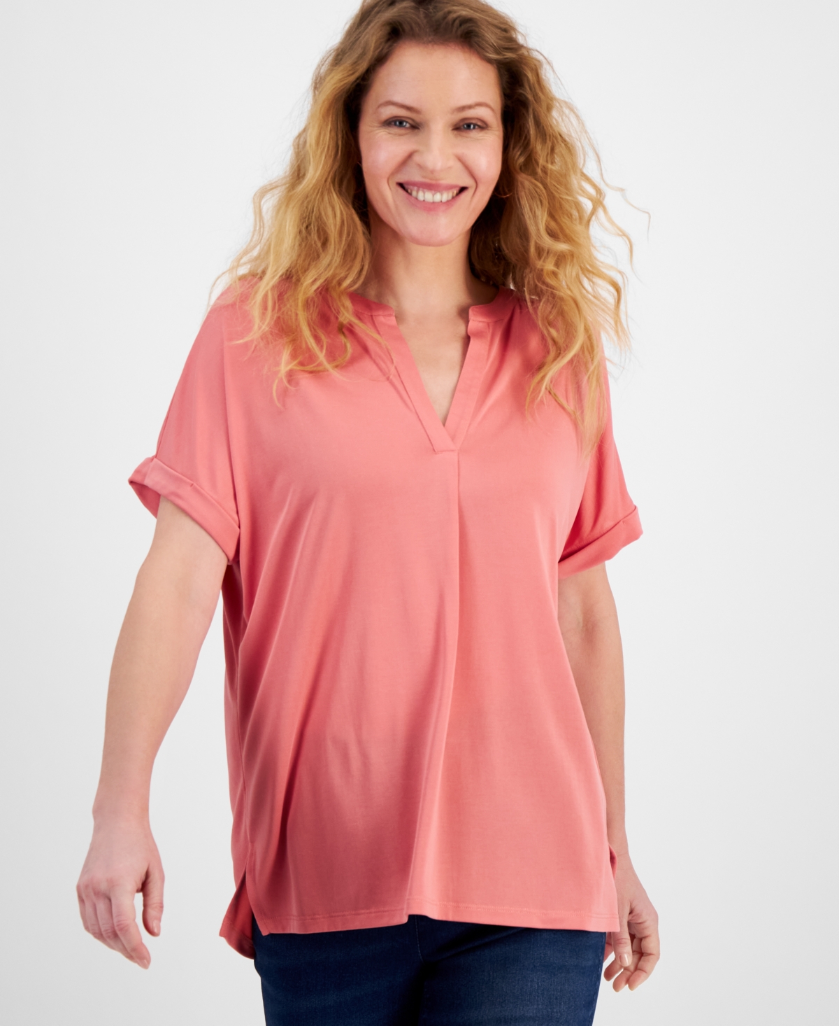 Shop Style & Co Women's Split-neck Short Sleeve Knit Shirt, Created For Macy's In Sea Coral