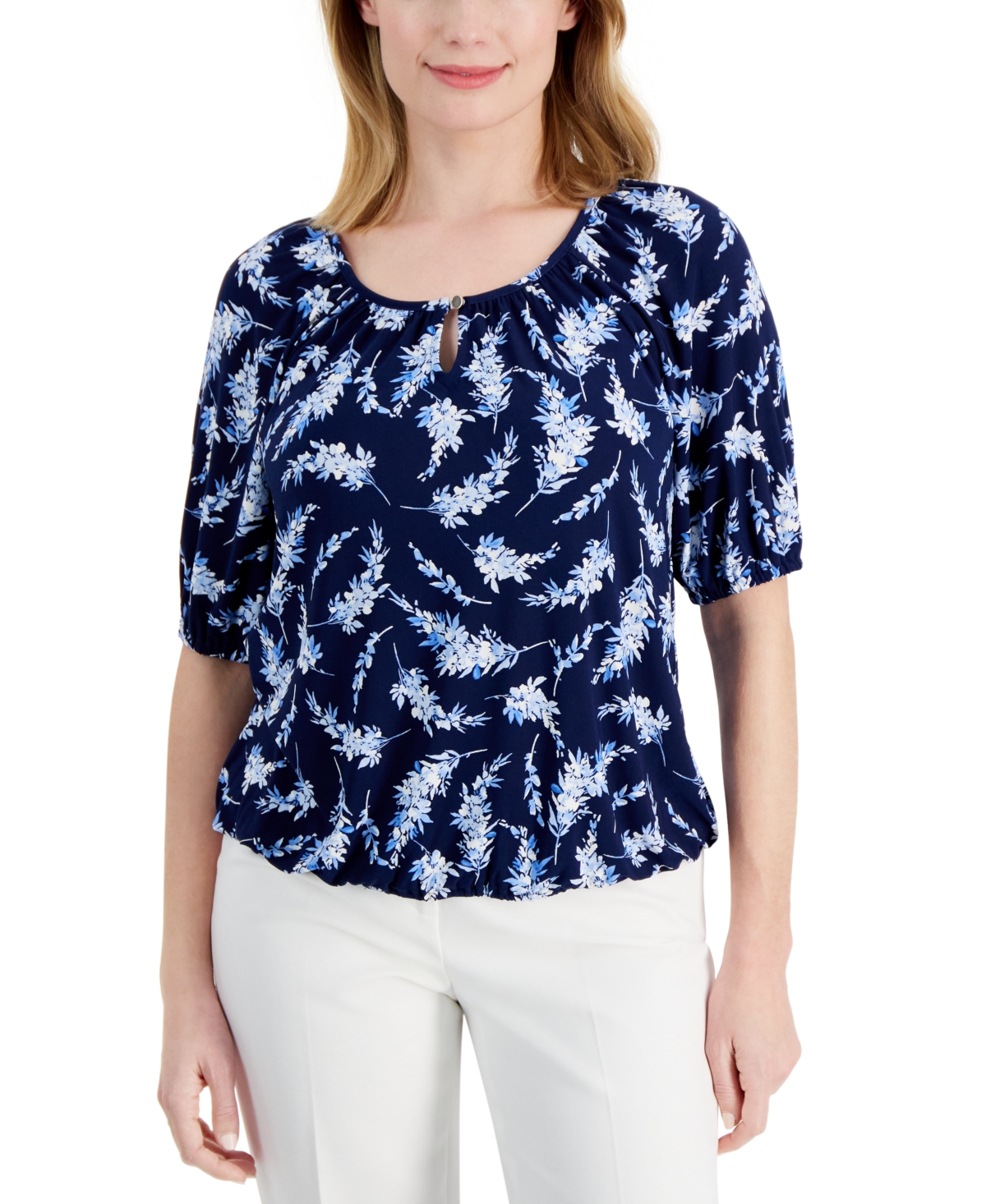 Shop Ak Anne Klein Petite Printed Scoop-neck Elbow-sleeve Top In Distant Mountain,shore Blue