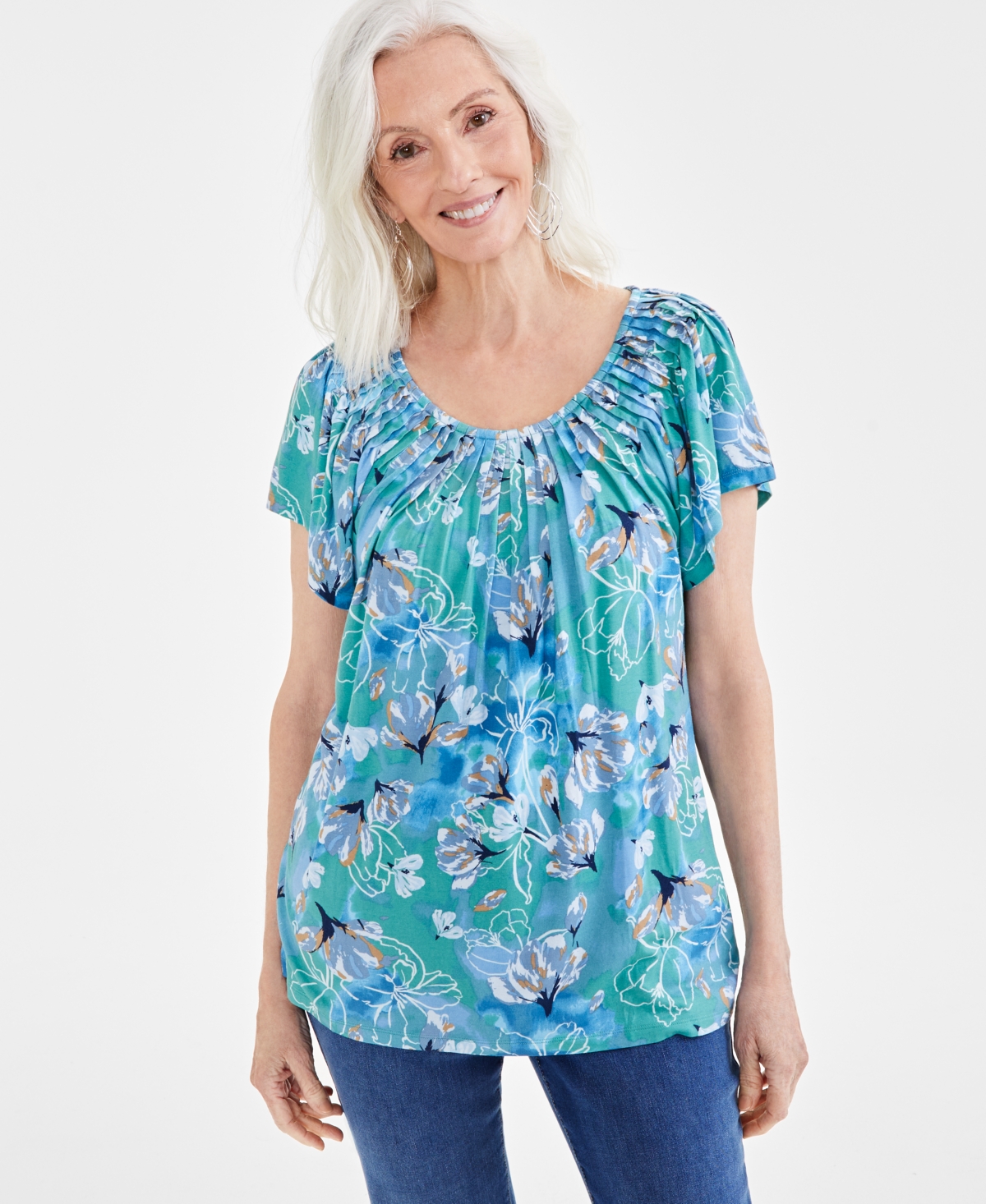 Style & Co Women's Printed Pleated Scoop-neck Top, Created For Macy's In Teal Floral