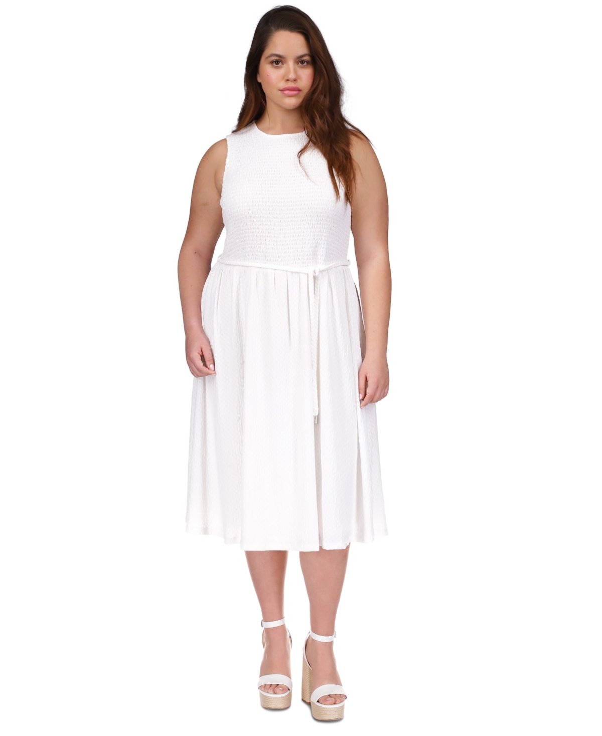 Shop Michael Kors Michael  Plus Size Smocked Midi Dress In White