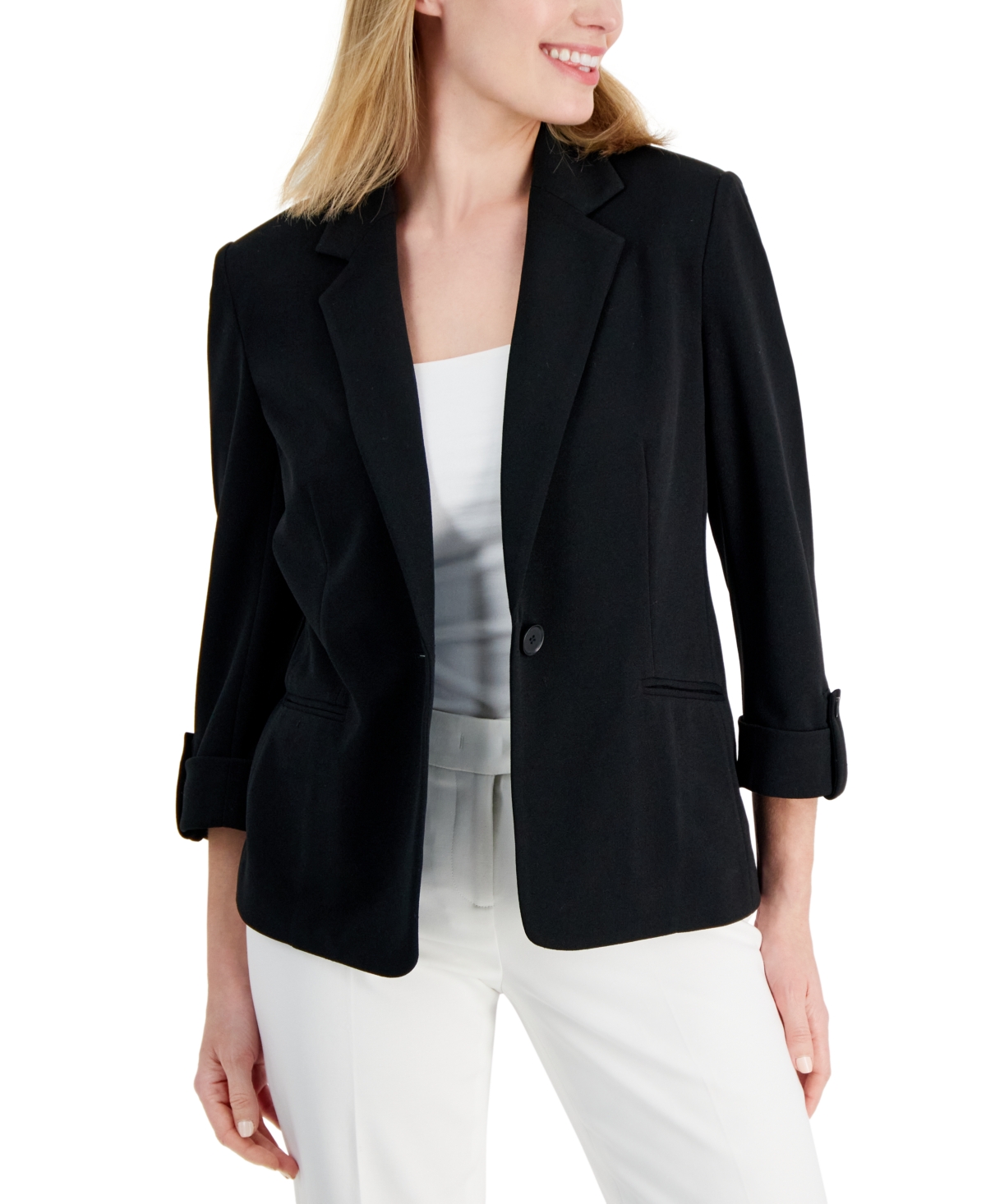 Ak Anne Klein Women's Roll-tab 3/4-sleeve Crepe Blazer