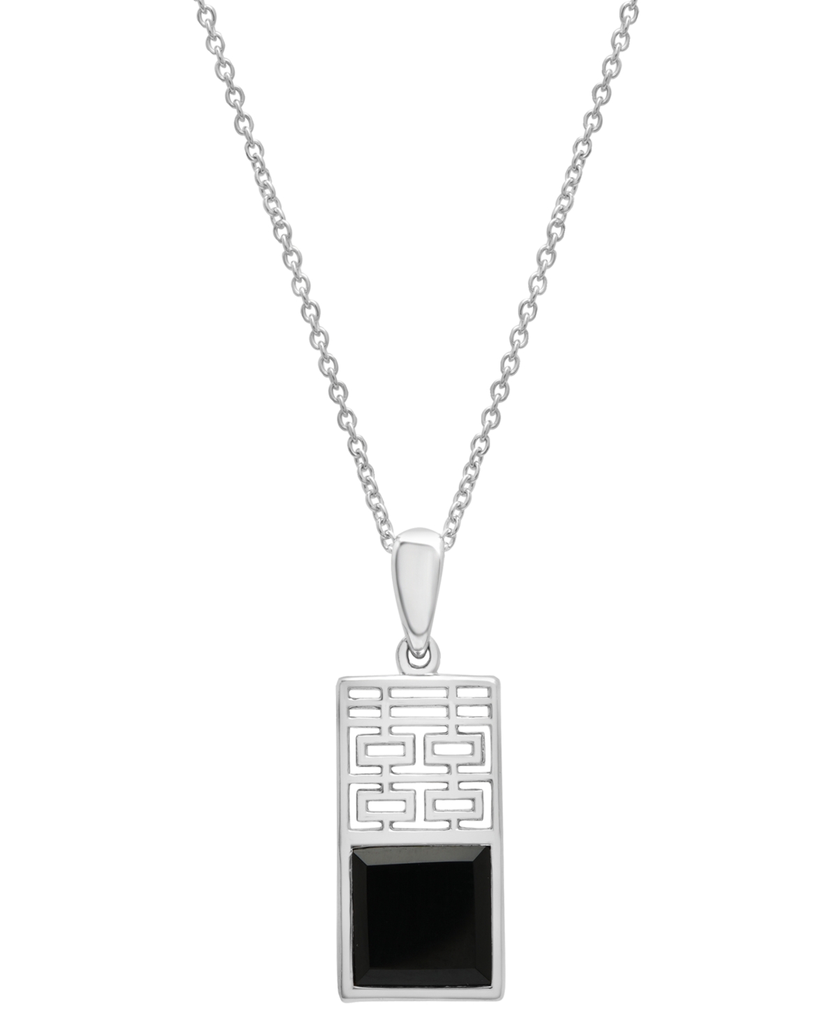 Onyx Happiness Dog Tag 18" Pendant Necklace in Sterling Silver - Onyx