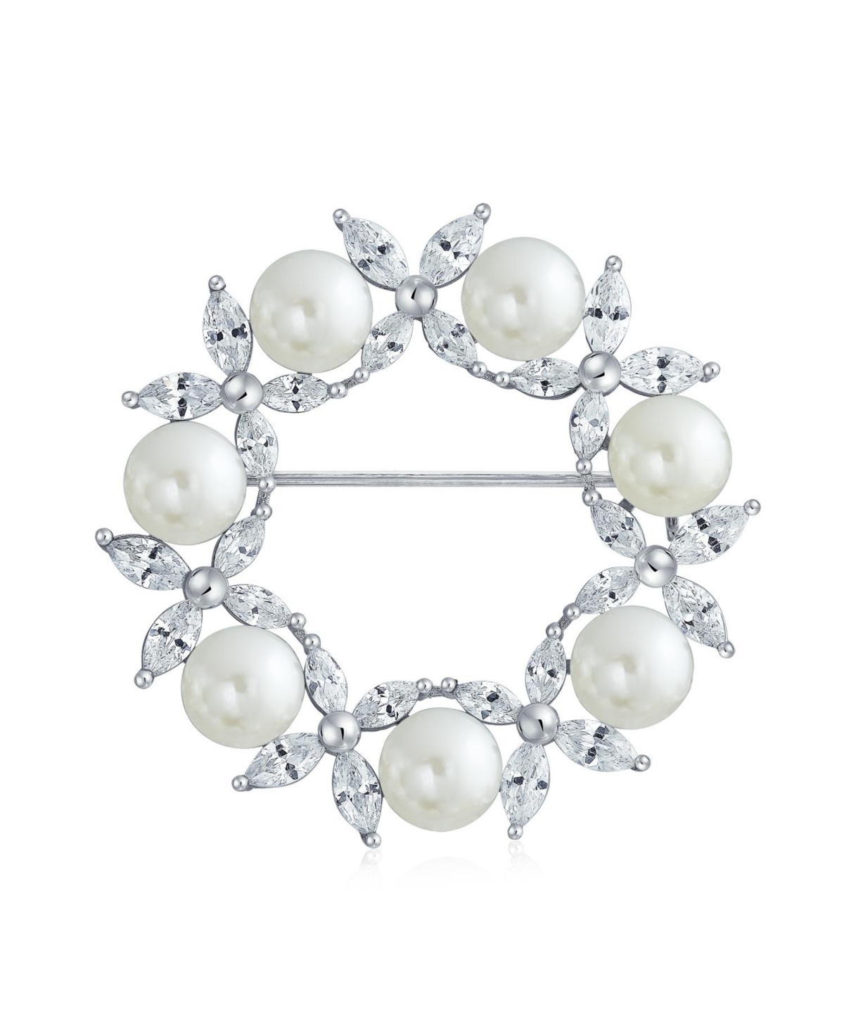 Elegant Bridal Holiday Marquise Cz Cubic Zirconia Round 8MM White Simulated Pearl Wreath Circle Scarf Brooch Pin For Women Wedding - Clear